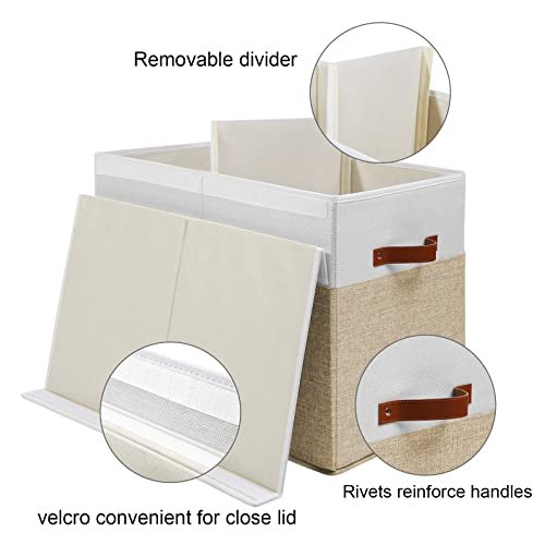 Large Toy Storage Box with Lid, Sturdy Toys Storage Chest Bin Organizer Basket with Dividers for Kids, Boys, Girls, Nursery, Closet, Bedroom, Playroom 25"x13" x16" (Beige and White)