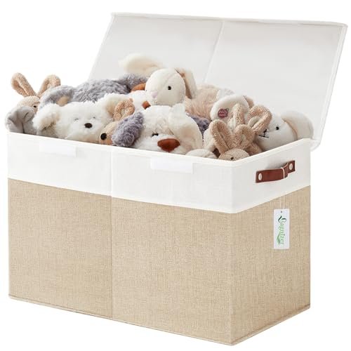 Large Toy Storage Box with Lids, Collapsible Sturdy Baby Storage Organizer Chest Bin Basket for Kids, Boys, Girls, Playroom, Nursery, Bedroom, Closet 25"x13"x16" (Beige and White)