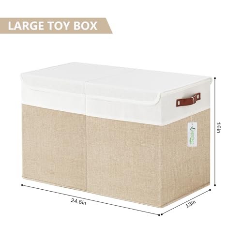 Large Toy Storage Box with Lids, Collapsible Sturdy Baby Storage Organizer Chest Bin Basket for Kids, Boys, Girls, Playroom, Nursery, Bedroom, Closet 25"x13"x16" (Beige and White)