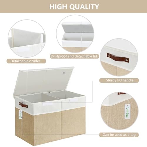 Large Toy Storage Box with Lids, Collapsible Sturdy Baby Storage Organizer Chest Bin Basket for Kids, Boys, Girls, Playroom, Nursery, Bedroom, Closet 25"x13"x16" (Beige and White)