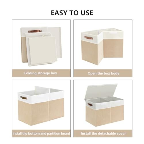 Large Toy Storage Box with Lids, Collapsible Sturdy Baby Storage Organizer Chest Bin Basket for Kids, Boys, Girls, Playroom, Nursery, Bedroom, Closet 25"x13"x16" (Beige and White)