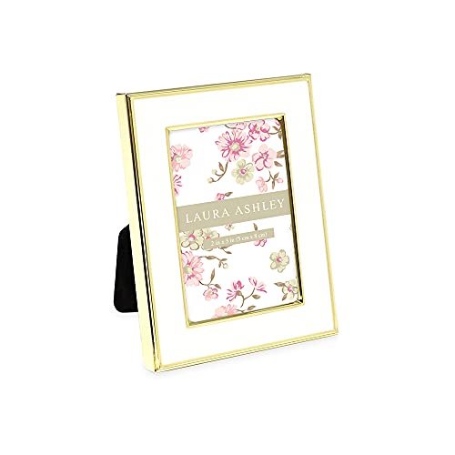 Laura Ashley 2x3 White Enamel Picture Frame, Gold Metal Edge with Easel, for Countertop, Counterspace, Tabletop Display, Bookshelf, Desk, Wall Décor, Photo Gallery (2x3, White W/Gold)