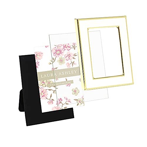 Laura Ashley 2x3 White Enamel Picture Frame, Gold Metal Edge with Easel, for Countertop, Counterspace, Tabletop Display, Bookshelf, Desk, Wall Décor, Photo Gallery (2x3, White W/Gold)