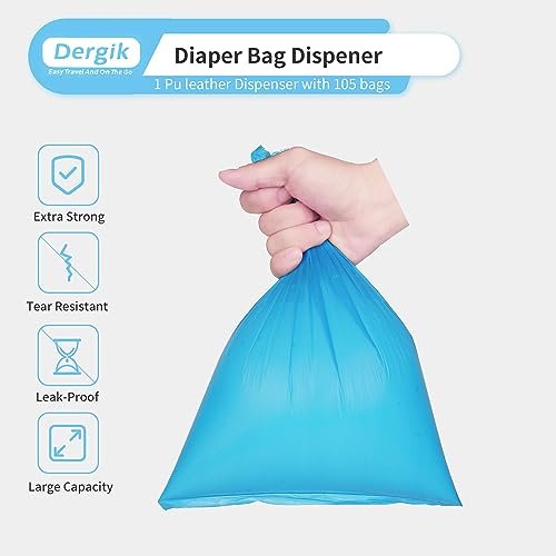 LEATHER Diaper Disposable Bags Dispenser | 105 Diapers Disposal Trash Bag (7 Rolls Refill), Fit Most Waste Bag Dispenser On-the-Go, Baby Poop| 1.0 Mil Thick, Tear Resistant, Brown
