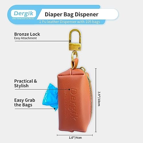 LEATHER Diaper Disposable Bags Dispenser | 105 Diapers Disposal Trash Bag (7 Rolls Refill), Fit Most Waste Bag Dispenser On-the-Go, Baby Poop| 1.0 Mil Thick, Tear Resistant, Brown