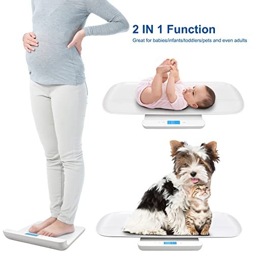 Leogreen Multi-Function Digital Scale, 2-in-1 Toddler & Pet Scale, Blue Backlit LCD, Height Track with Tape Measure (Max: 59in) & Weight (220lbs), High Precision Sensor, White
