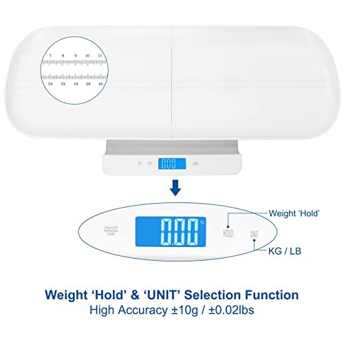 Leogreen Multi-Function Digital Scale, 2-in-1 Toddler & Pet Scale, Blue Backlit LCD, Height Track with Tape Measure (Max: 59in) & Weight (220lbs), High Precision Sensor, White