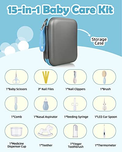 Lictin Baby Grooming Kit 15PCS Baby Health Care Set Portable Baby Travel Kit, Safety Cutter Baby Nail Kit for Nursing Baby Girl Boys Heath and Grooming (Blue)
