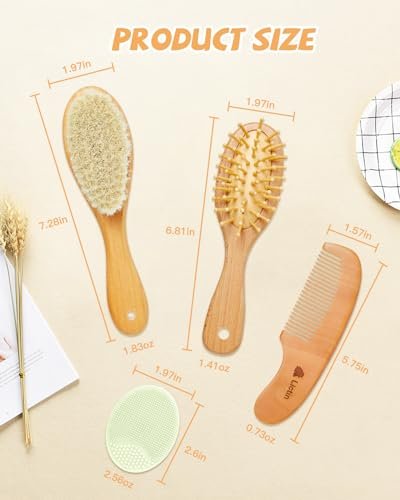 Lictin Baby Hair Brush and Comb Set, 4 Pcs Newborn Hair Brush with Soft Bristle, Natural Goat Hair and Wood Baby Cradle Cap Comb for Newborns & Toddlers, Newborn Baby Essentials, Perfect Registry Gift