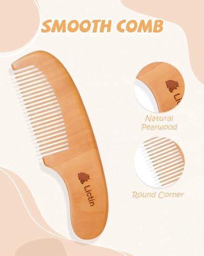 Lictin Baby Hair Brush and Comb Set, 4 Pcs Newborn Hair Brush with Soft Bristle, Natural Goat Hair and Wood Baby Cradle Cap Comb for Newborns & Toddlers, Newborn Baby Essentials, Perfect Registry Gift