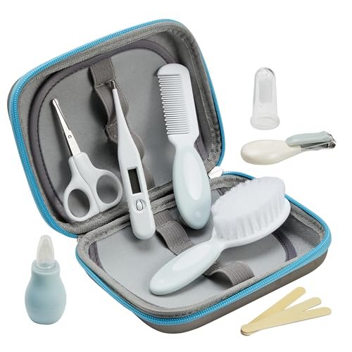 Little Angel Baby Grooming Kit,Baby Grooming Kit Newborn Care Set with Hair Brush Comb Finger Toothbrush Nasal Aspirator etc for Nursery Newborn Infant Toddlers Boys Girls(Blue)