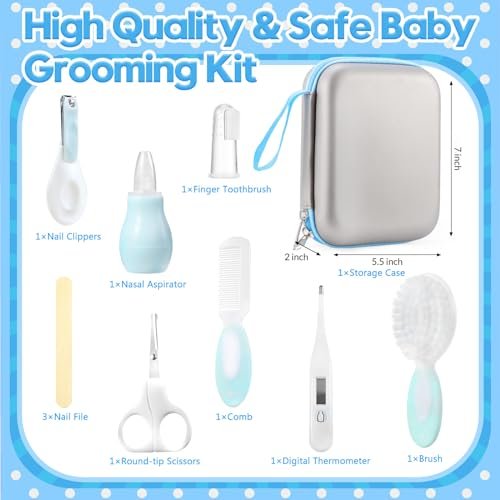 Little Angel Baby Grooming Kit,Baby Grooming Kit Newborn Care Set with Hair Brush Comb Finger Toothbrush Nasal Aspirator etc for Nursery Newborn Infant Toddlers Boys Girls(Blue)
