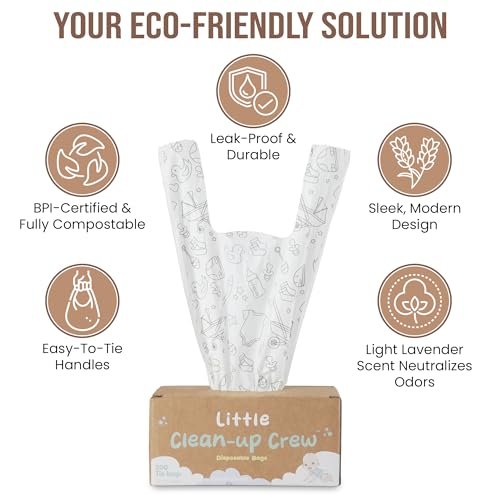 Little Clean Up Crew Disposable Diaper Bags - 200 Count, 7" x 15” Biodegradable Baby Poop Bags | US BPI, ASTM D6400, EN 13432 Certified | Leak-Proof, Lavender-Scented, Easy-Tie Handles & Durable