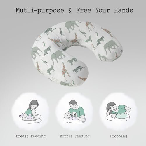 Little Grape Land Nursing Pillow, Soft 100% Cotton Breastfeeding Pillow with Breathable Muslin Removable Cover, Breast Feeding Pillows for Babies 0-12 Months with Protective Zipper Tropical Quest