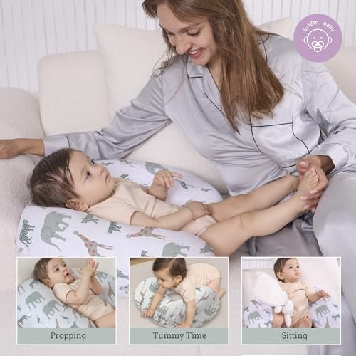 Little Grape Land Nursing Pillow, Soft 100% Cotton Breastfeeding Pillow with Breathable Muslin Removable Cover, Breast Feeding Pillows for Babies 0-12 Months with Protective Zipper Tropical Quest