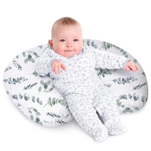 Little Grape Land Nursing Pillow, Soft 100% Cotton Breastfeeding Pillow with Breathable Muslin Removable Cover, Green Leaves Breast Feeding Pillows for Babies 0-12 Months with Protective Zipper