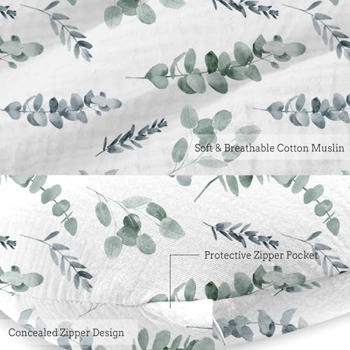 Little Grape Land Nursing Pillow, Soft 100% Cotton Breastfeeding Pillow with Breathable Muslin Removable Cover, Green Leaves Breast Feeding Pillows for Babies 0-12 Months with Protective Zipper