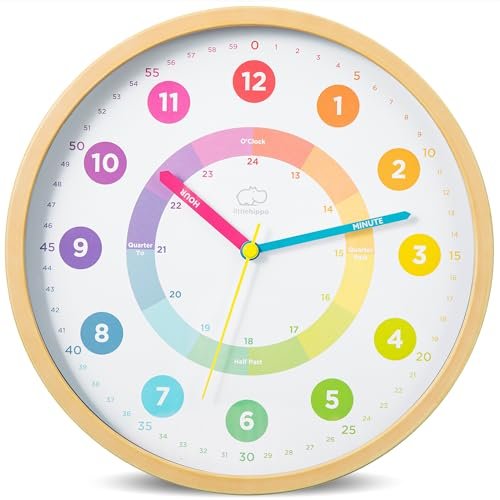 LittleHippo Learning Clock for Kids for Teaching to Tell Time - Kid's Analog, Silent, Non-Ticking Wall Clock for Bedrooms, Nursery, Playroom, School Classroom, Study to Learn to Tell Time