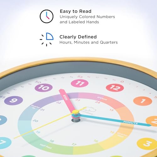 LittleHippo Learning Clock for Kids for Teaching to Tell Time - Kid's Analog, Silent, Non-Ticking Wall Clock for Bedrooms, Nursery, Playroom, School Classroom, Study to Learn to Tell Time