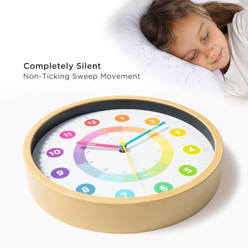 LittleHippo Learning Clock for Kids for Teaching to Tell Time - Kid's Analog, Silent, Non-Ticking Wall Clock for Bedrooms, Nursery, Playroom, School Classroom, Study to Learn to Tell Time
