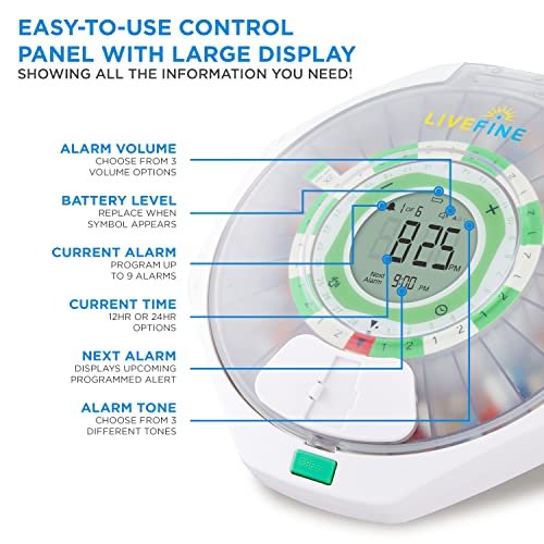 Live Fine 28-Day Automatic Pill Dispenser Frosted Lid with Upgraded LCD Display and Key Lock, Sound & Light for Prescriptions, Medication, Vitamins, Supplements & More