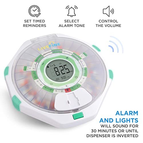 Live Fine 28-Day Automatic Pill Dispenser Frosted Lid with Upgraded LCD Display and Key Lock, Sound & Light for Prescriptions, Medication, Vitamins, Supplements & More