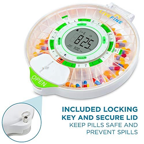 Live Fine 28-Day Automatic Pill Dispenser with Upgraded LCD Display, Key Lock, Sound & Light for Prescriptions, Medication, Vitamins, Supplements & More