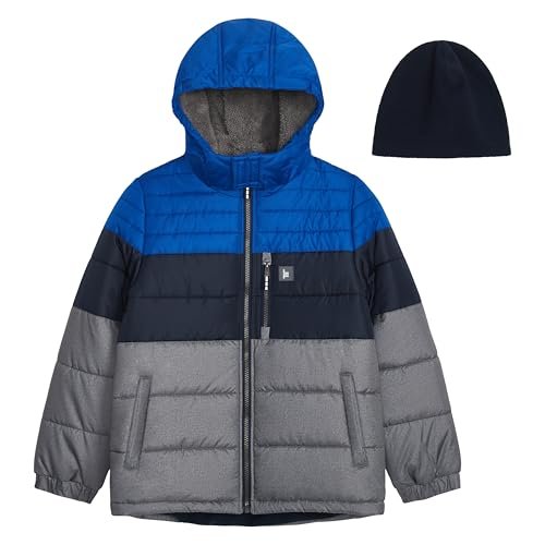 LONDON FOG Baby Boys' Heavyweight Puffer Jacket with Sherpa-Lined Hood & Fleece Beanie