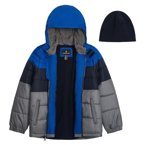 LONDON FOG Baby Boys' Heavyweight Puffer Jacket with Sherpa-Lined Hood & Fleece Beanie