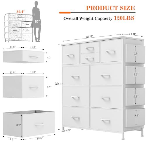 Lulive White Dresser for Bedroom with 10 Drawers, Chest of Drawers with Side Pockets and Hooks, PU Storage Dresser, Organizer Unit for Living Room, Hallway, Closet (White)