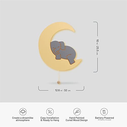 Lumipets Lighted Elephant on Moon, Nursery Night Light, Wall Mounted Lighted, Battery Operated Cloud Light Sign–Lightweight Moon Night Light for Babies, Toddlers, Kids