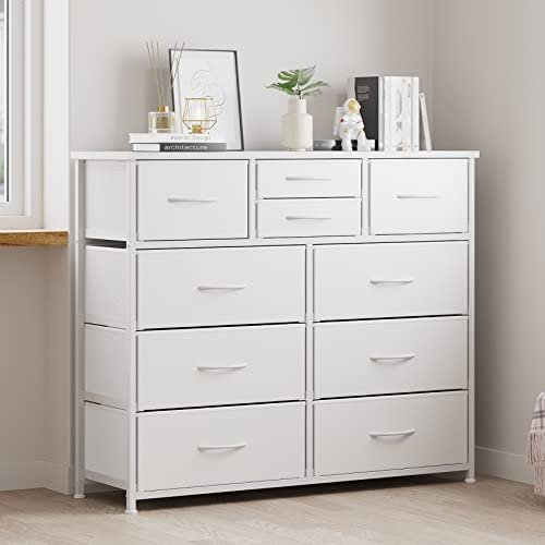 LUMTOK 10-Drawer Dresser, Fabric Storage Dressers Drawers for Bedroom, Hallway, Nursery, Closets, Steel Frame, Wood Top, Easy Pull Handle (White)