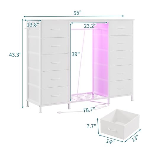LUMTOK 55" W 2-in-1 Dresser with Hanging Rack, 10 Drawers Dresser for Bedroom, White Drawer Dressers with LED Lights, Charging Station and Hanging Racks for Bedroom