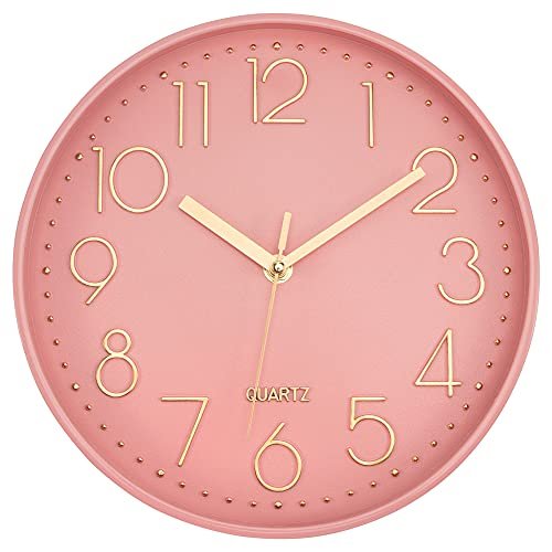 Lumuasky Pink Wall Clock Modern Battery Operated Analog Small Cute Silent Non-Ticking Decorative Clock for School Office Classroom Bedroom Kitchen Living Room Nursery Decor (10 inch)