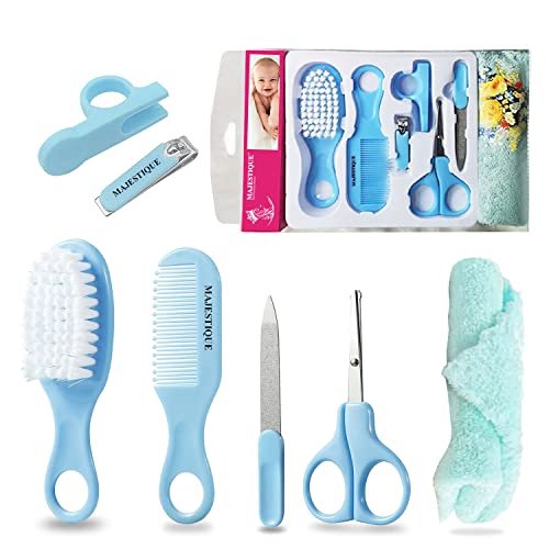 Majestique Baby Grooming Kit and Healthcare, 7 in 1 Baby Hair Brush, Comb, Nail Clipper, Nail File and Soft Baby Towel Newborn Nursery, Infant Comb, Brush, Baby Care Products - Blue