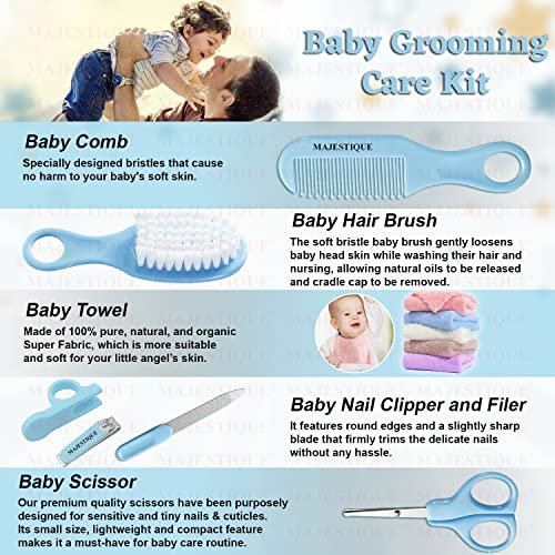 Majestique Baby Grooming Kit and Healthcare, 7 in 1 Baby Hair Brush, Comb, Nail Clipper, Nail File and Soft Baby Towel Newborn Nursery, Infant Comb, Brush, Baby Care Products - Blue