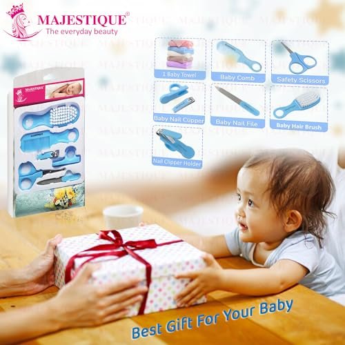 Majestique Baby Grooming Kit and Healthcare, 7 in 1 Baby Hair Brush, Comb, Nail Clipper, Nail File and Soft Baby Towel Newborn Nursery, Infant Comb, Brush, Baby Care Products - Blue