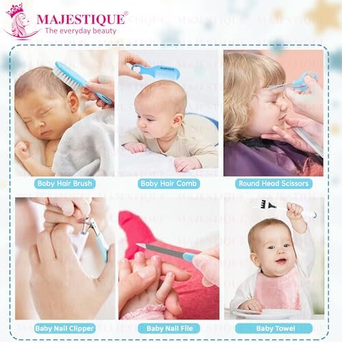 Majestique Baby Grooming Kit and Healthcare, 7 in 1 Baby Hair Brush, Comb, Nail Clipper, Nail File and Soft Baby Towel Newborn Nursery, Infant Comb, Brush, Baby Care Products - Blue