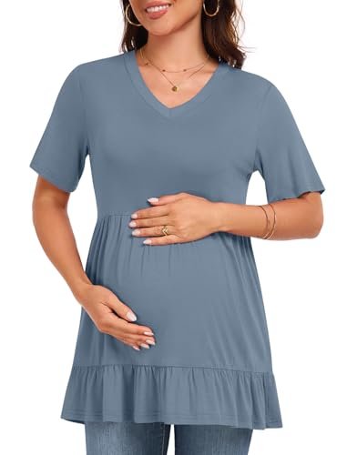 Maternity Shirts Short Sleeve Tops Tunic Casual Pregnancy Clothes 2025 Summer V Neck Tiered Dressy Blouse