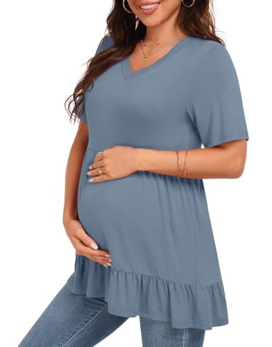 Maternity Shirts Short Sleeve Tops Tunic Casual Pregnancy Clothes 2025 Summer V Neck Tiered Dressy Blouse