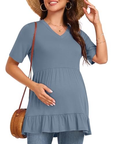 Maternity Shirts Short Sleeve Tops Tunic Casual Pregnancy Clothes 2025 Summer V Neck Tiered Dressy Blouse