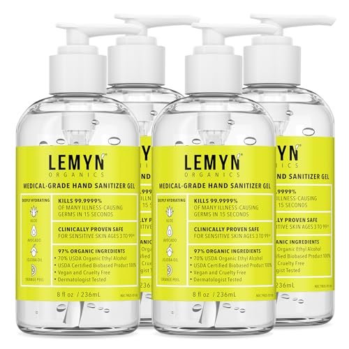 Medical Grade Hand Sanitizer Gel - 97% ORGANIC - 8 FL.OZ. with PUMP (PACK OF 4)