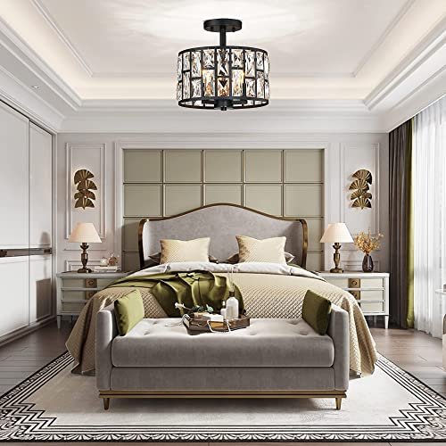 MEXO Farmhouse Crystal Round Semi Flush Mount Close to Ceiling Light Fixture, Drum Shade 3LT Ceiling Lamp for Kitchen Island Dinning Room Bedroom, Hallway Black Finish