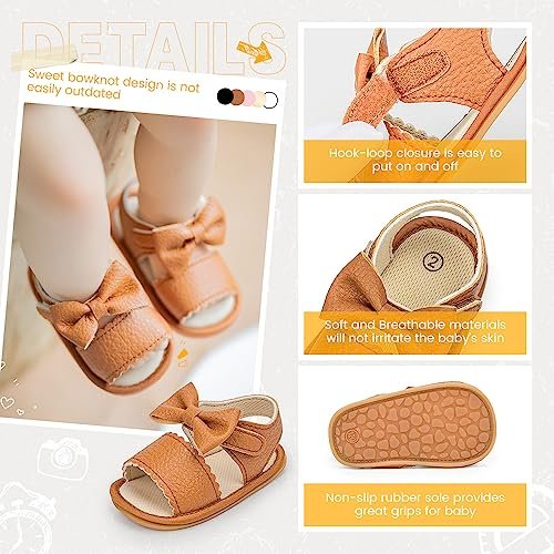Miamooi Infant Baby Girls Boys Sandals Summer Bowknot Crib Shoes Toddler Pu Leather Flower Soft Rubber Sole Dress Flats First Walker Shoes