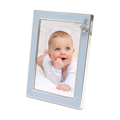 MIMOSA MOMENTS Silver Plated Metal Baby Picture Frame with Blue Enamel and a Star Charm(4x6, Silver & Blue)
