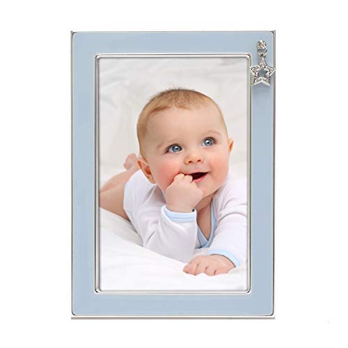 MIMOSA MOMENTS Silver Plated Metal Baby Picture Frame with Blue Enamel and a Star Charm(4x6, Silver & Blue)
