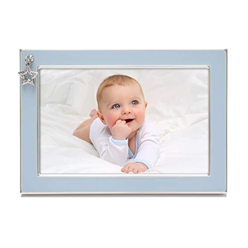 MIMOSA MOMENTS Silver Plated Metal Baby Picture Frame with Blue Enamel and a Star Charm(4x6, Silver & Blue)