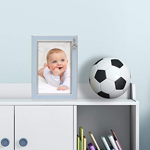 MIMOSA MOMENTS Silver Plated Metal Baby Picture Frame with Blue Enamel and a Star Charm(4x6, Silver & Blue)