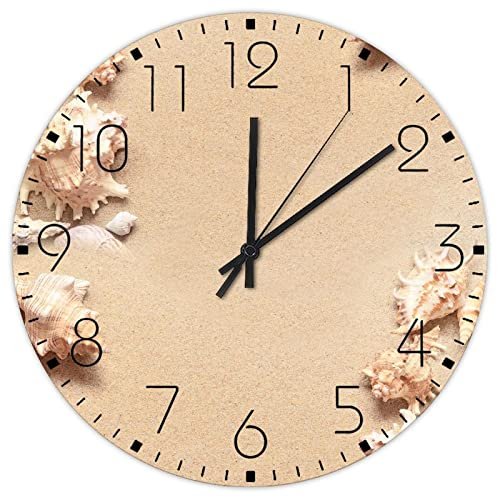 Minimalist Wood Clock Silent Non-Ticking Battery Operated Beach Ocean Theme Starfish Seashell Frameless Wall Clocks Sea Life Nautical Conch Teal Wooden Wall Decor for Nursery Bedroom Indoor 10"