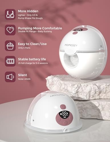 Momcozy Breast Pump Hands Free M5, Wearable Breast Pump of Baby Mouth Double-Sealed Flange with 3 Modes & 9 Levels, Electric Breast Pump Portable - 24mm, 2 Pack Cozy Red